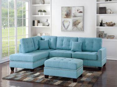 Modern Blue Color 3pcs Sectional Living Room Furniture Reversible Chaise Sofa And Ottoman Tufted Polyfiber Linen Like Fabric Cushion Couch Pillow
