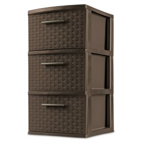 3 Drawer Weave Tower, Plastic Decor Drawers with Pull Handles, Brown