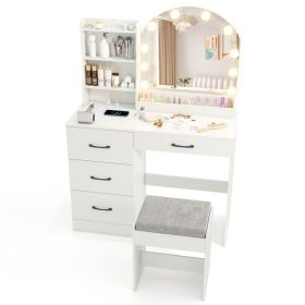 Makeup Vanity Desk Dressing Table and Stool Set with Mirror and Lights (Color: White)