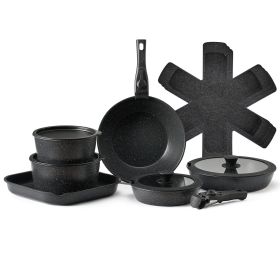 17 Piece Pots and Pans Set Granite Nonstick Kitchen Cookware Induction Black (Color: Black-Detachable Handle, Quantity of Cookware: 6)